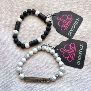 Lot of 2 PAPARAZZI Beaded Stretch Bracelets Black /‎ Off White